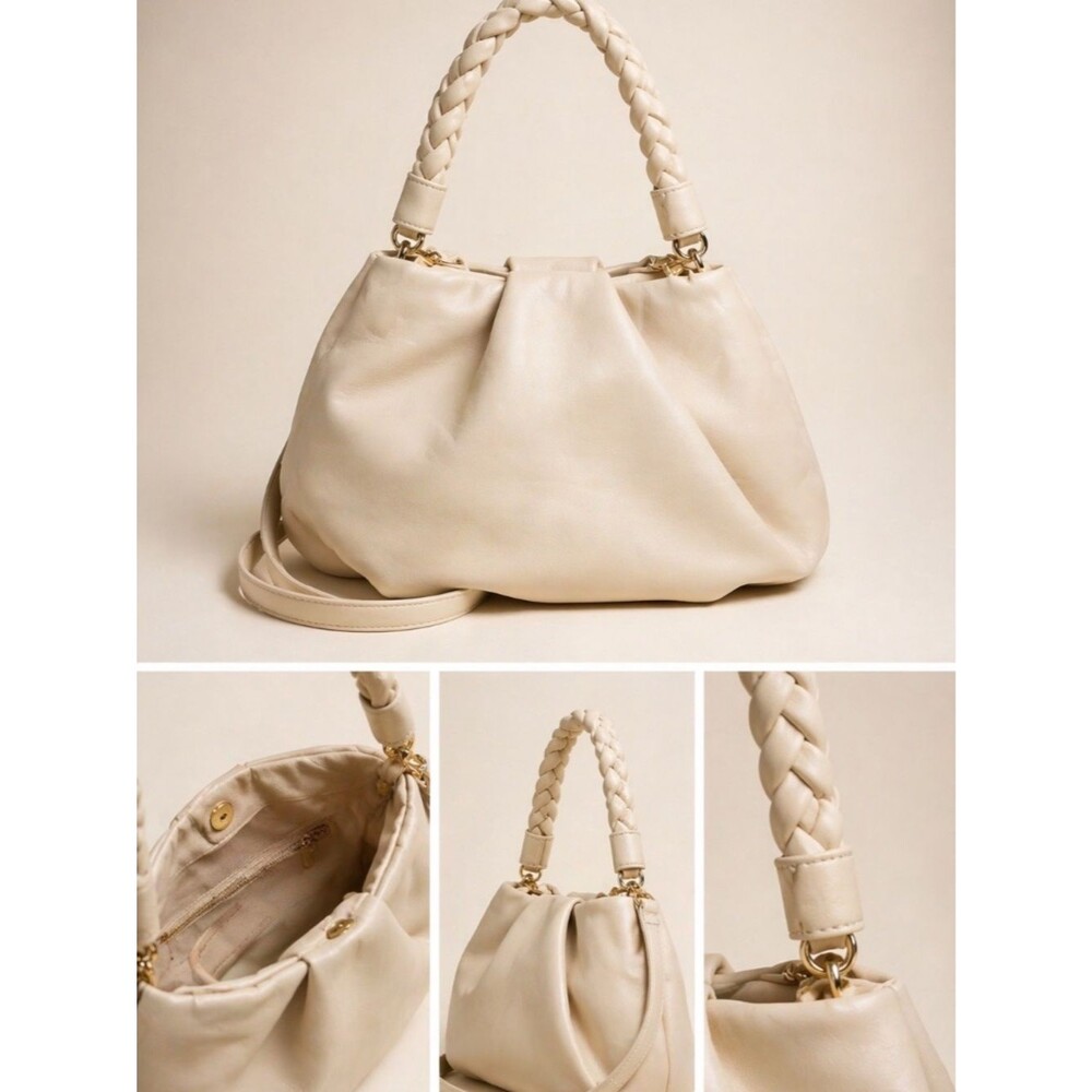 Express Cream Braided Handle Shoulder Bag | Soft Leather Hobo | Minimalist Luxur